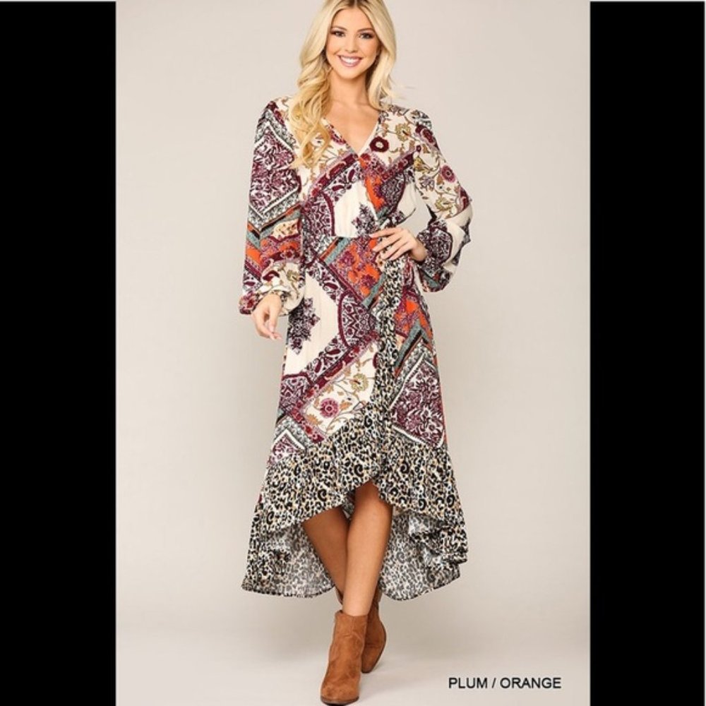 Scarf and Animal Print Mixed Surplice Dress